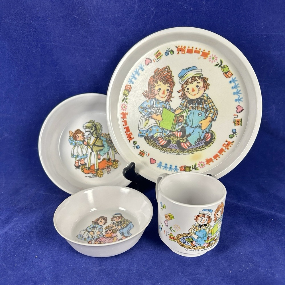 Raggedy Ann And Andy 1969 Vintage Plate Two Bowls And A Cup Set Of 4